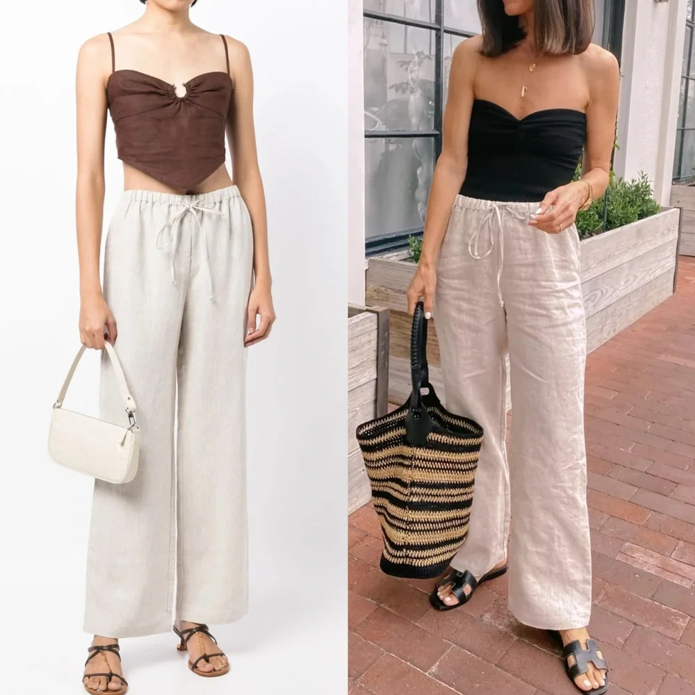 Reformation Olina Linen Pants in Oatmeal Neutral Tan Size M